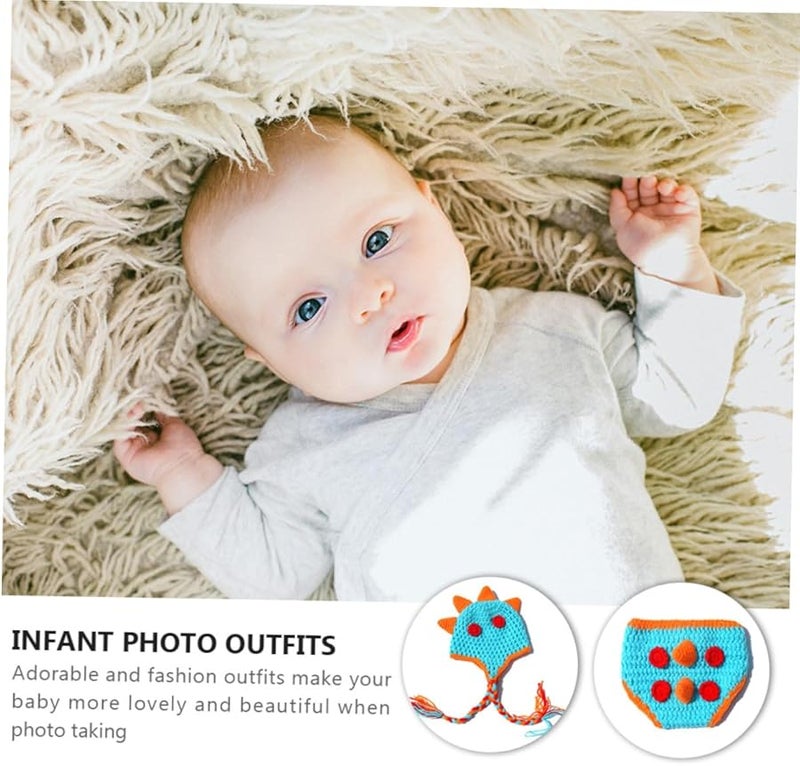 Newborn Dinosaur Costume Set 2pcs Blue with Orange Horns Photo Prop - Image 5